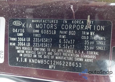 2017 Kia Sedona Lx z USA, uszkodzony, nr VIN KNDMB5C12H6228653